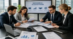 Mergers and Acquisitions business executives reviewing corporate deal documents