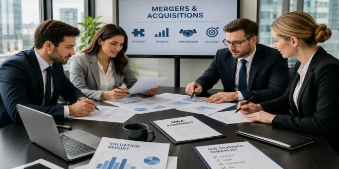 Mergers and Acquisitions business executives reviewing corporate deal documents